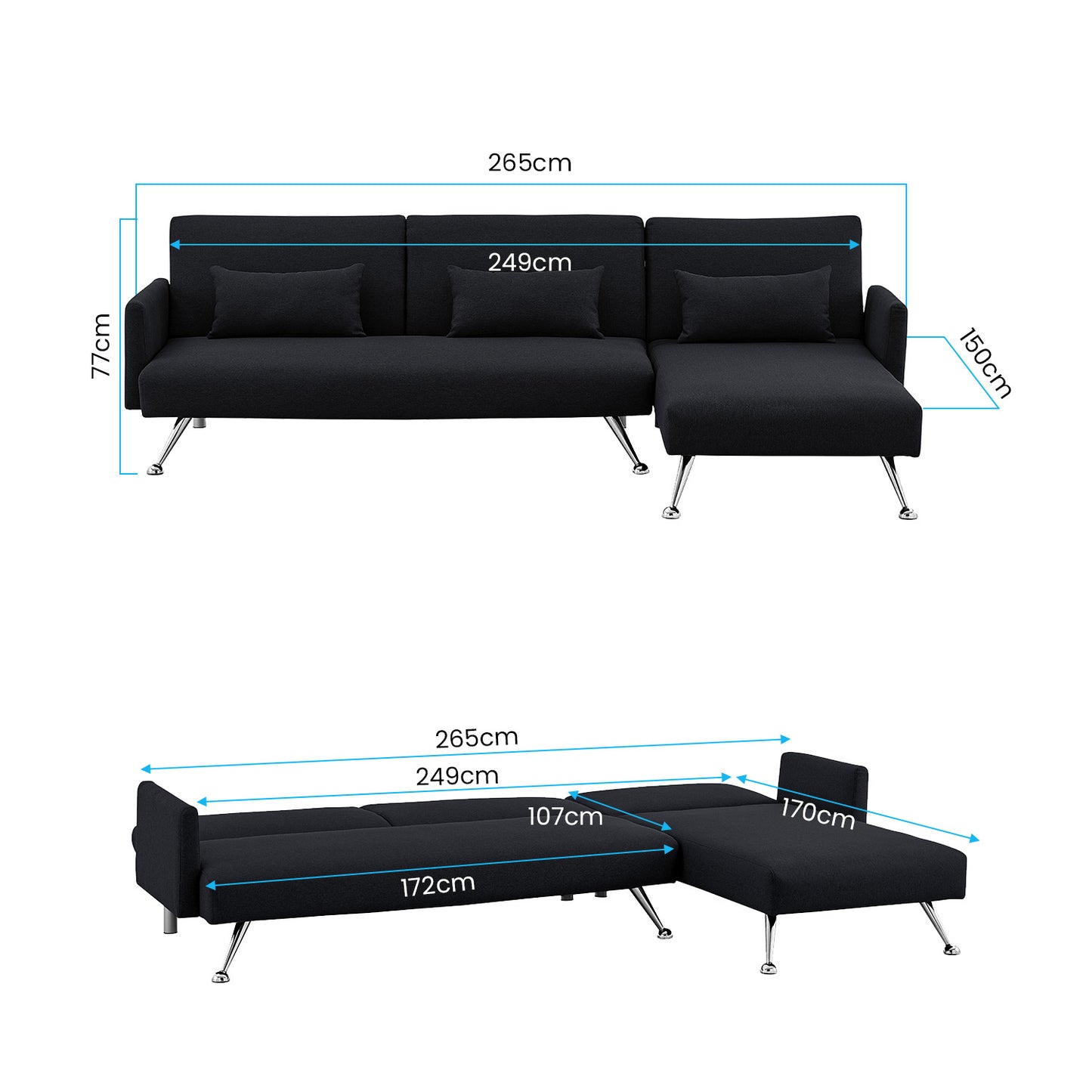Sarantino Mia 3-Seater Sofa Bed with Chaise & 3 Pillows - Black