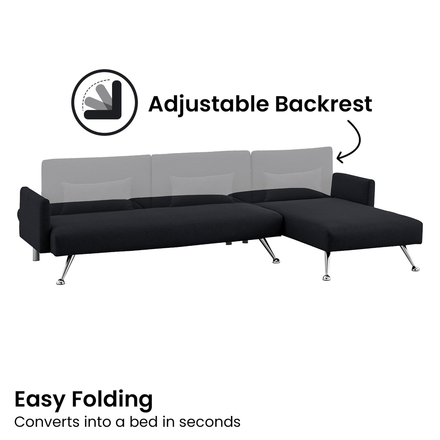 Sarantino Mia 3-Seater Sofa Bed with Chaise & 3 Pillows - Black