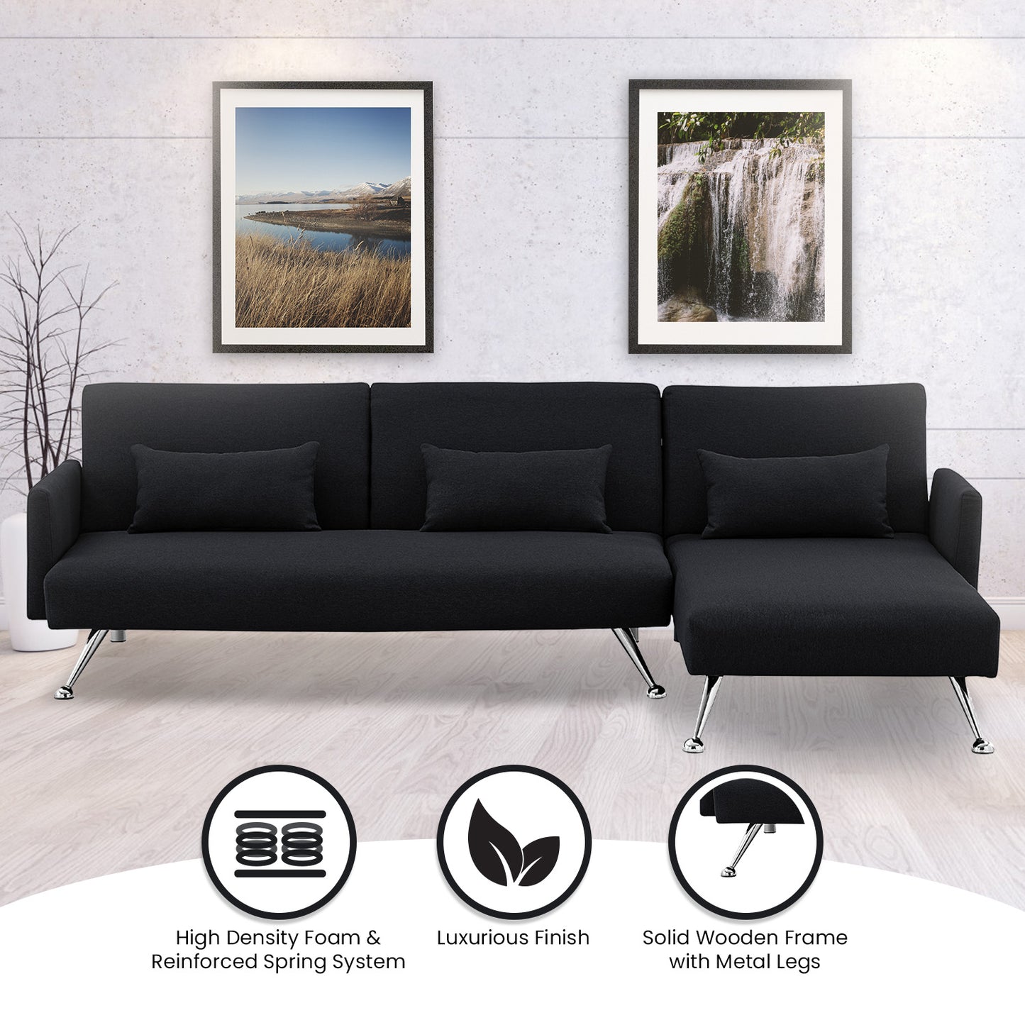 Sarantino Mia 3-Seater Sofa Bed with Chaise & 3 Pillows - Black