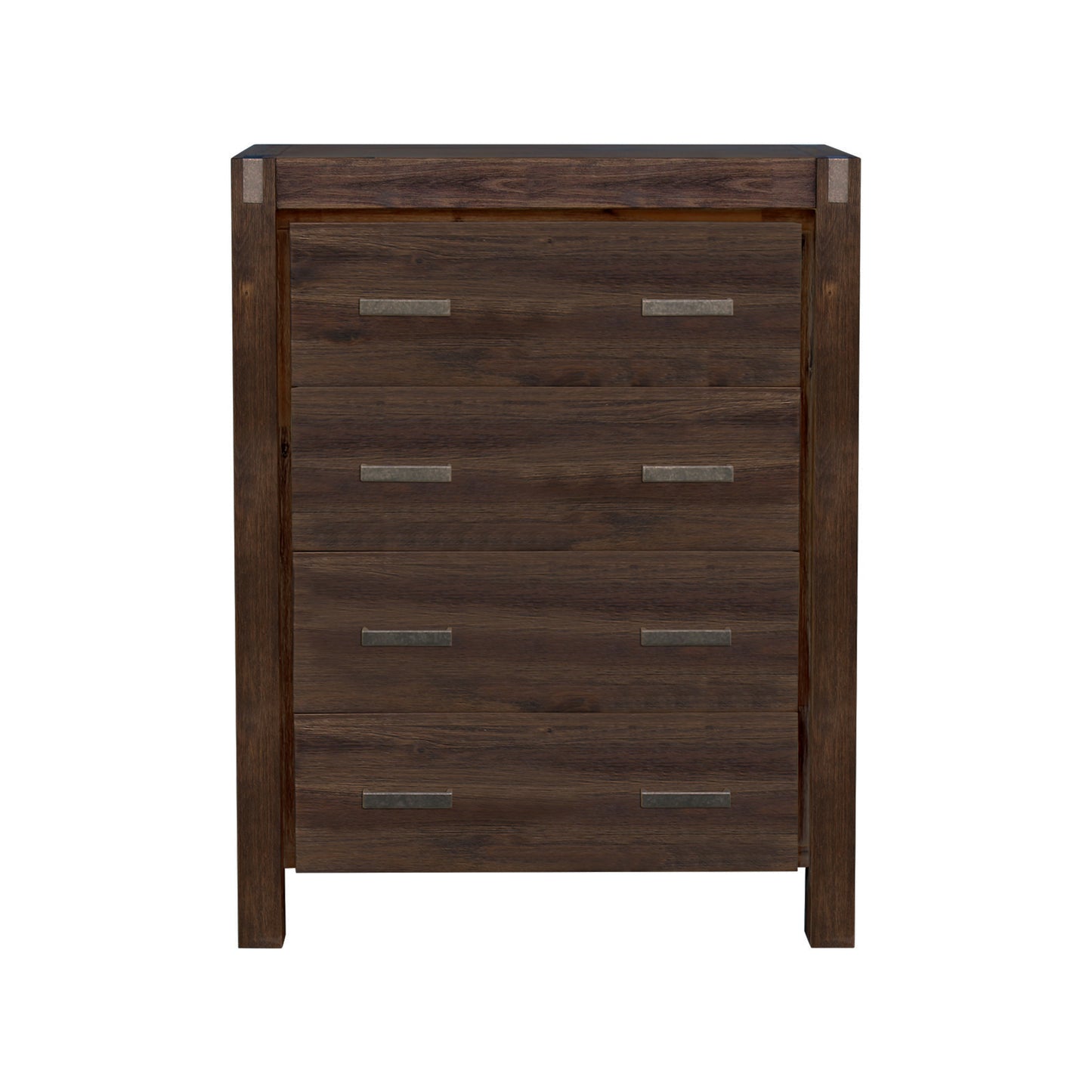 4 Pieces Bedroom Suite in Solid Wood Veneered Acacia Construction Timber Slat Double Size Chocolate Colour Bed, Bedside Table & Tallboy